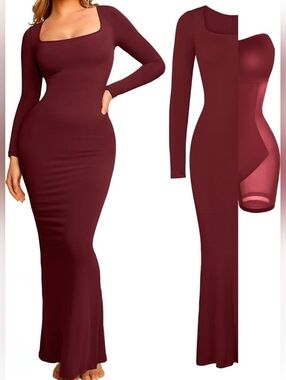 Popilush Square Neck Long Sleeve Maxi Dress in Burgundy